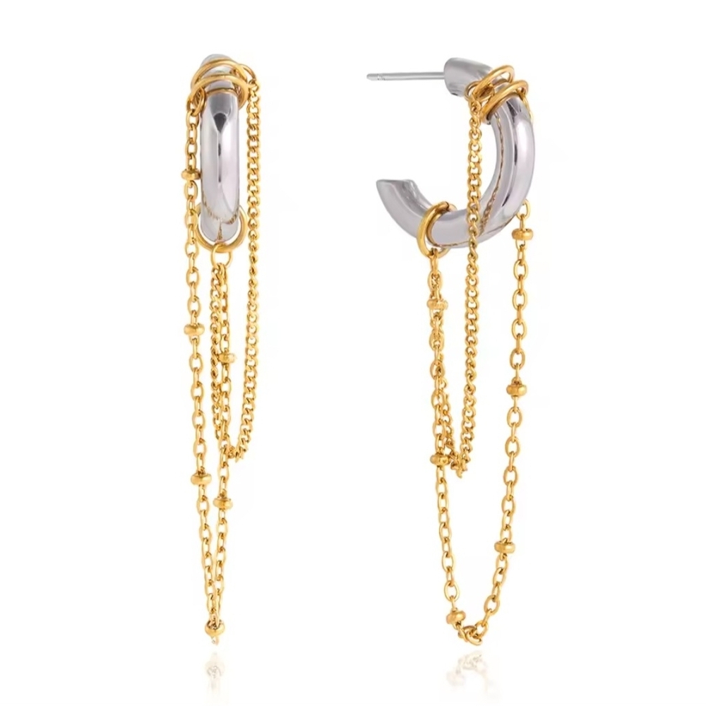 Two-Tone Silver and Gold Chain Drop Hoop Earrings - Women Jewelry